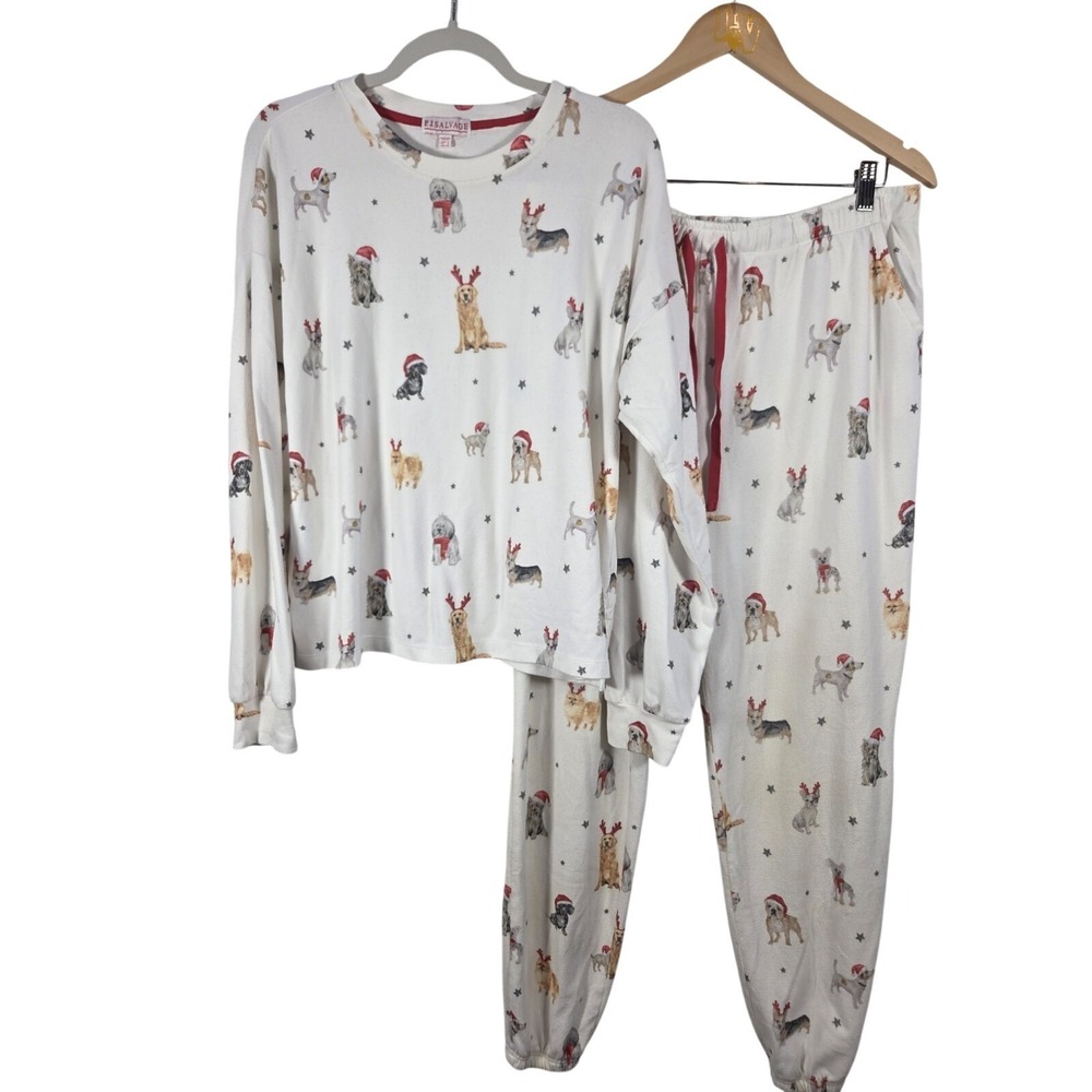 PJ Salvage Pajama Set Wm L White Christmas Dog Print Joggers Long Sleeve Lounge